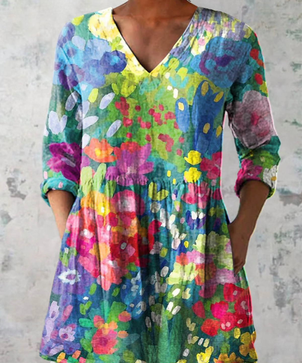Maelle Long Blouse with V-Neck in Multicolor