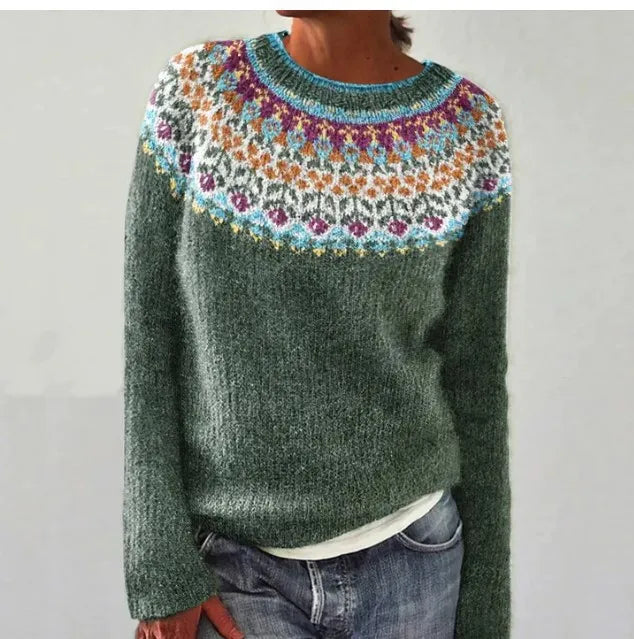 Women's Nordic-Pattern Cable-Knit Sweater in Gray/Floral