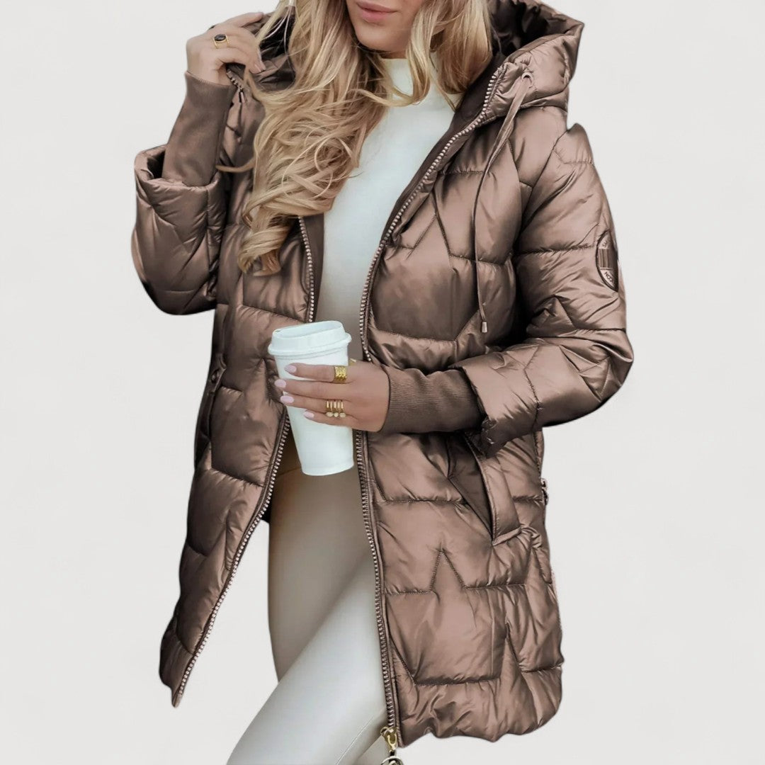 Women's Hooded Quilted Long Coat in Brown