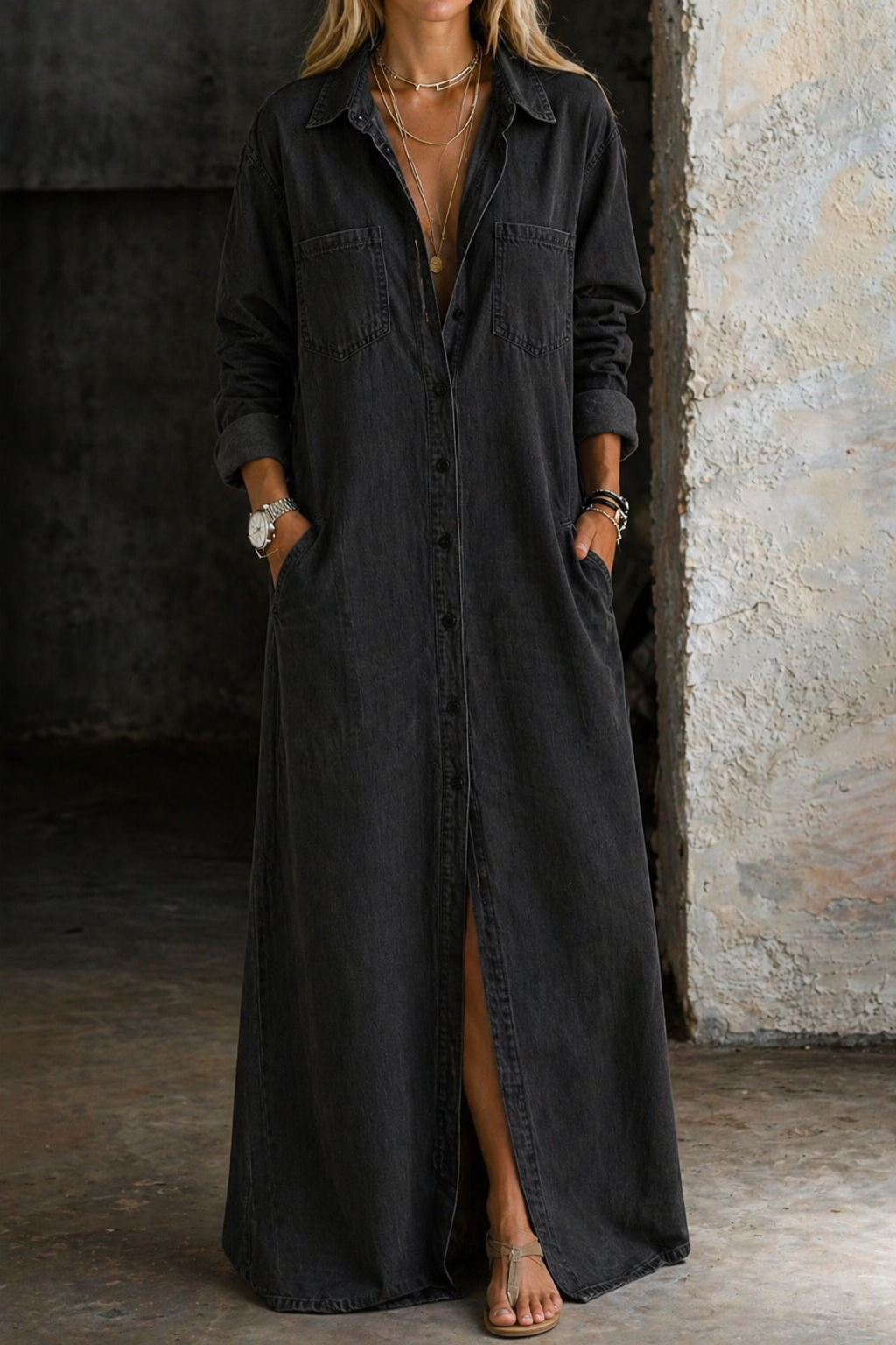 Women's Button-Front Denim Dress in Black