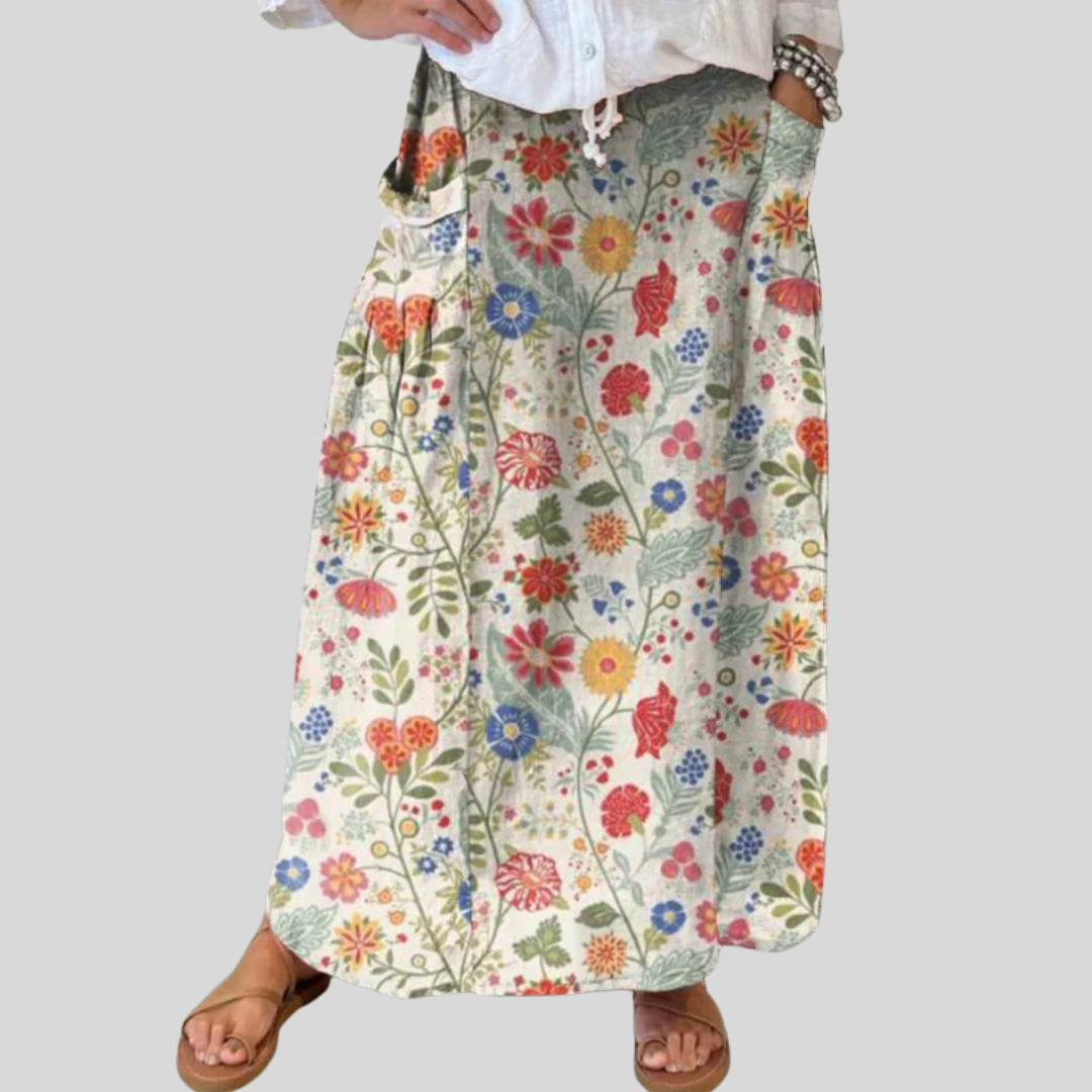 Floral Print Elastic-Waist Linen Skirt