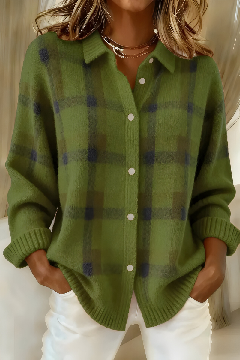 Women's Plaid Knit Shirt Jacket in Green