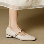 Women's Leather Square-Toe Mary Janes in Beige