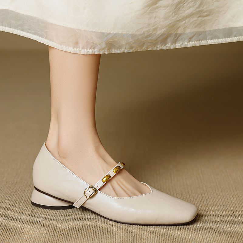 Women's Leather Square-Toe Mary Janes in Beige