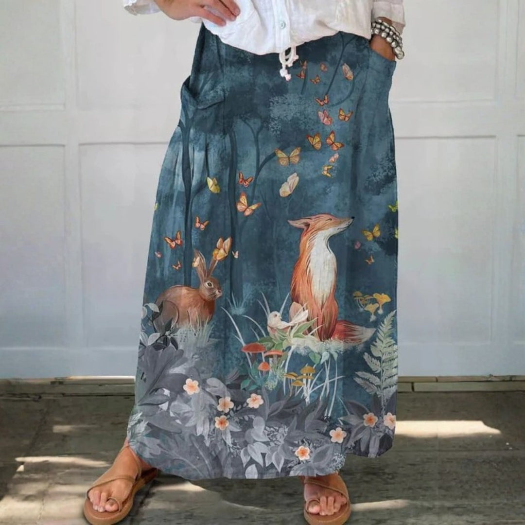 Floral & Animals Art Linen Pocket Skirt