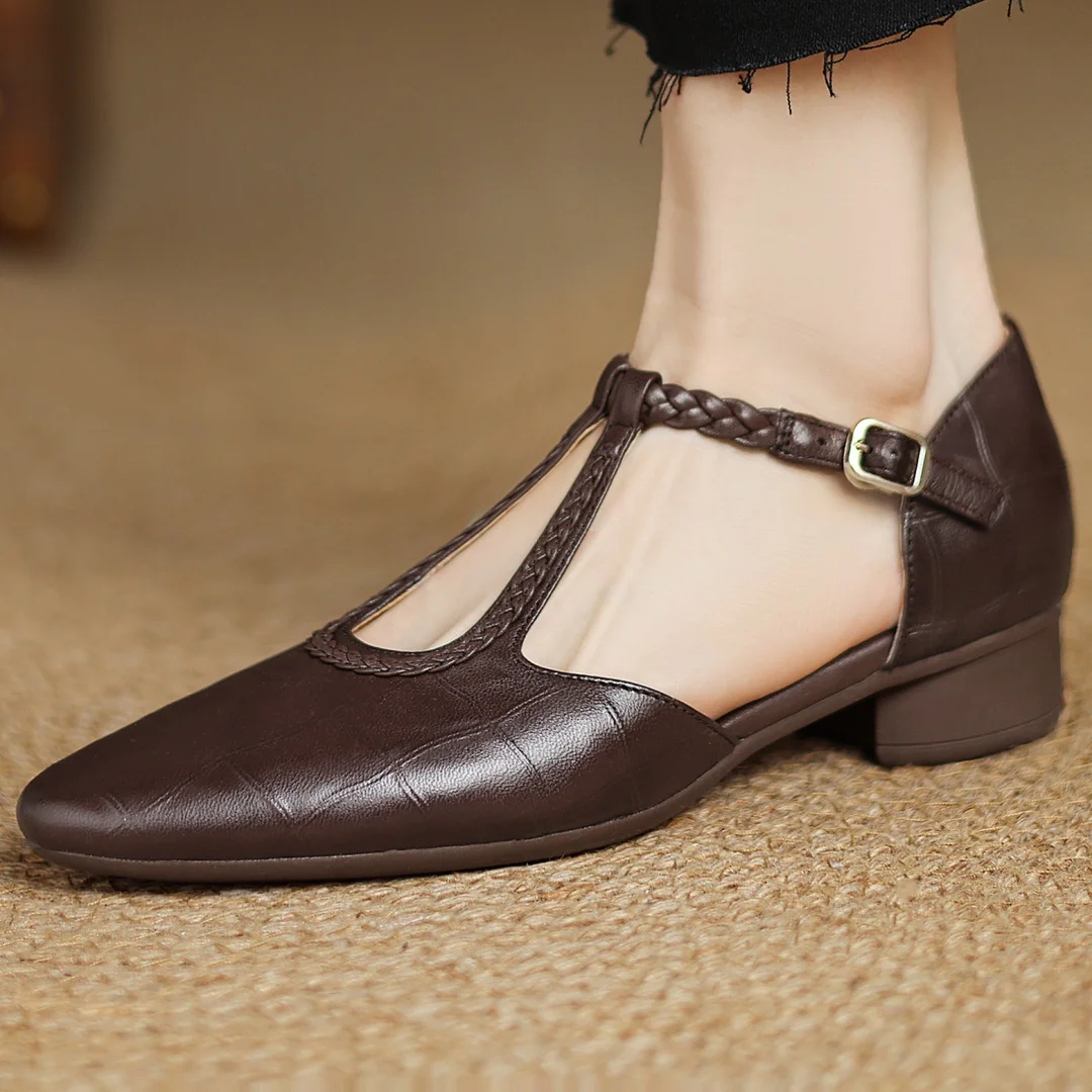 Leather T-Strap Shoes with Braided Strap