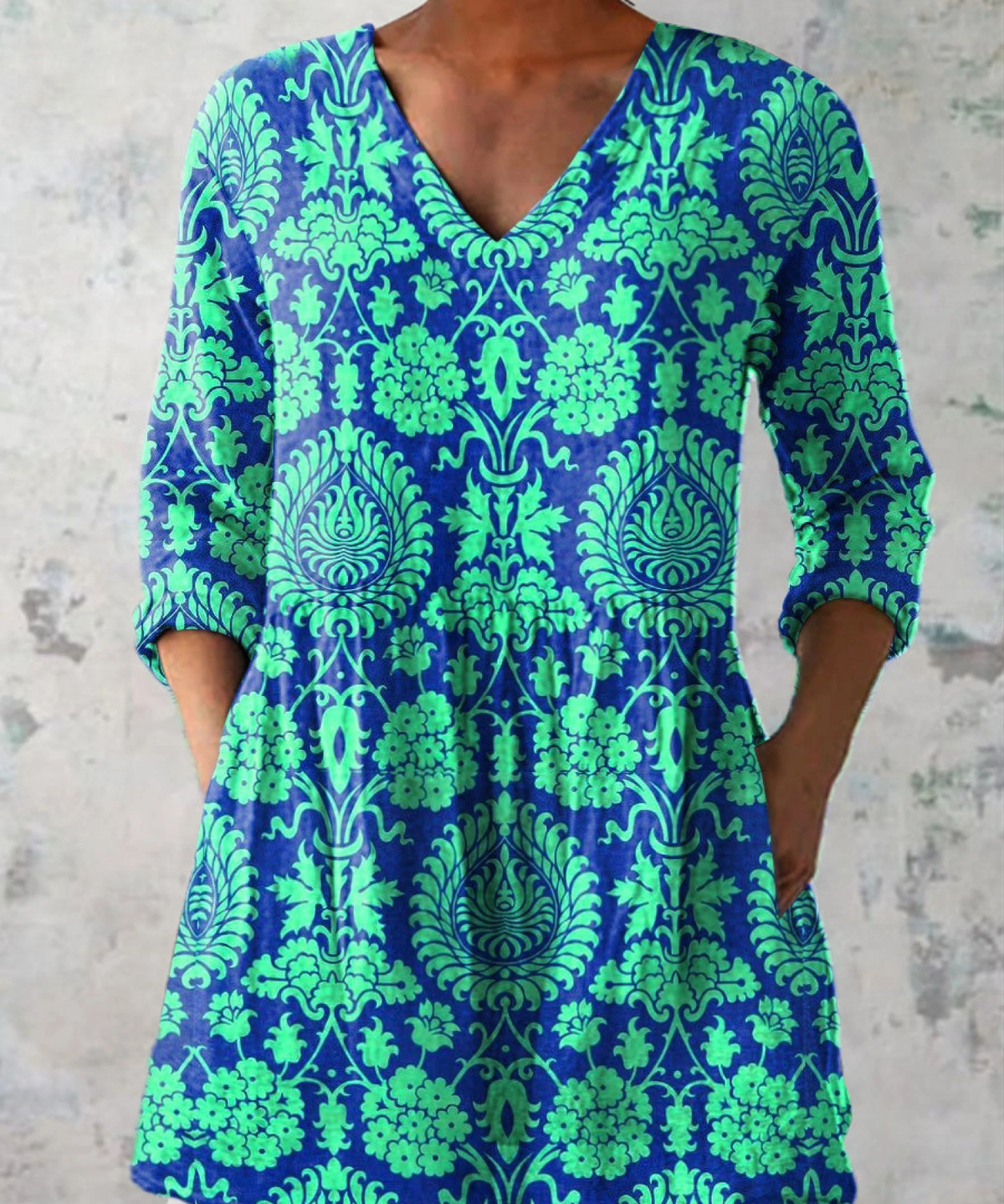 Ines Long Blouse with V-Neck in Teal