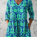 Ines Long Blouse with V-Neck in Teal