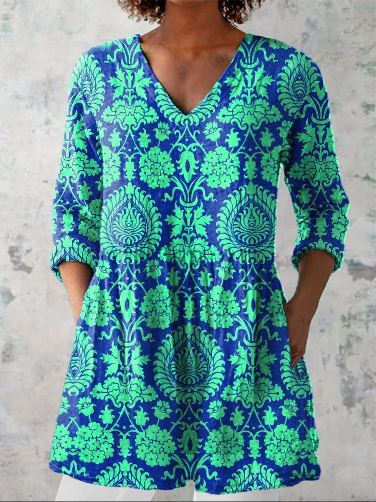 Ines Long Blouse with V-Neck in Teal