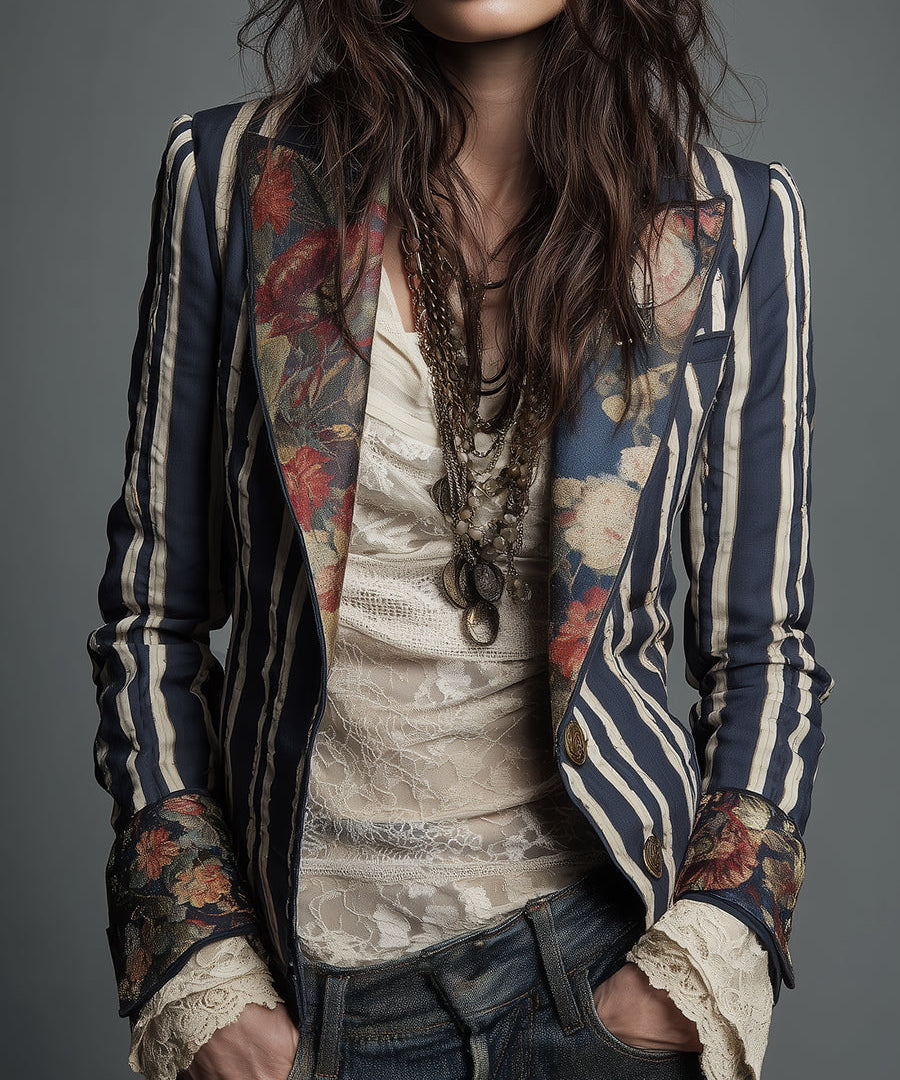 Bohemian Floral Print Cotton And Linen Striped Blazer