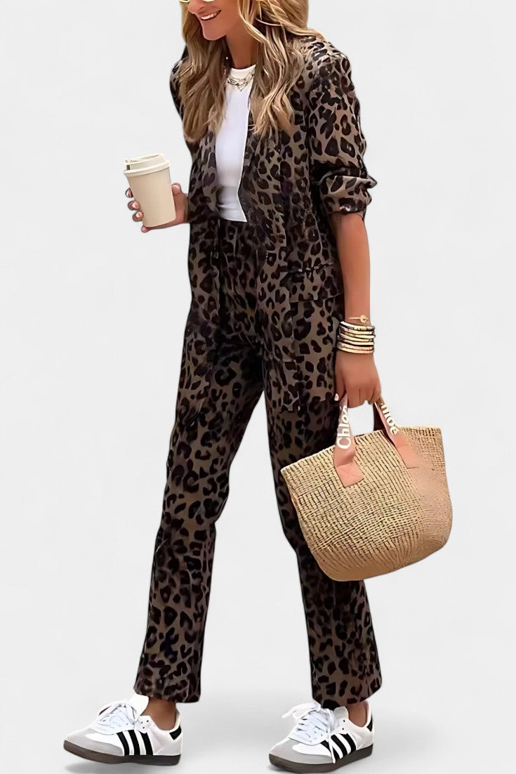 Tailored Blazer with High-Waisted Leopard Print Pants