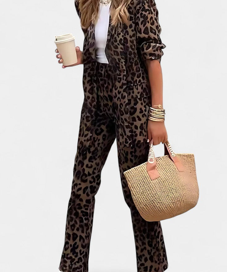 Tailored Blazer with High-Waisted Leopard Print Pants