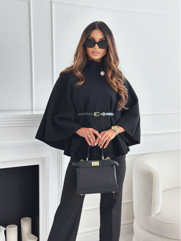 Women's Belted Cape Coat in Black