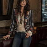 Bohemian Floral Print Cotton And Linen Striped Blazer
