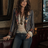 Bohemian Floral Print Cotton And Linen Striped Blazer
