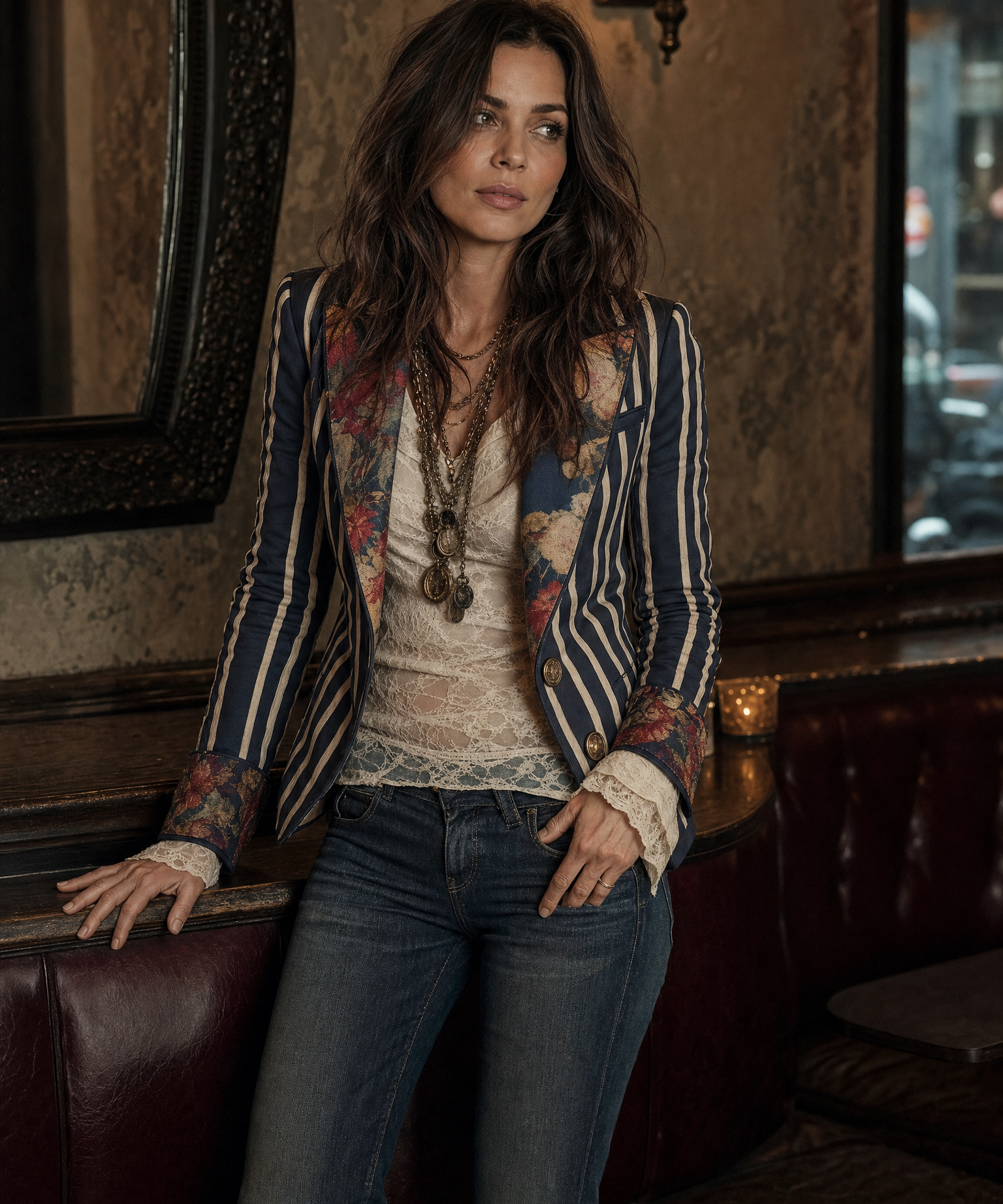 Bohemian Floral Print Cotton And Linen Striped Blazer