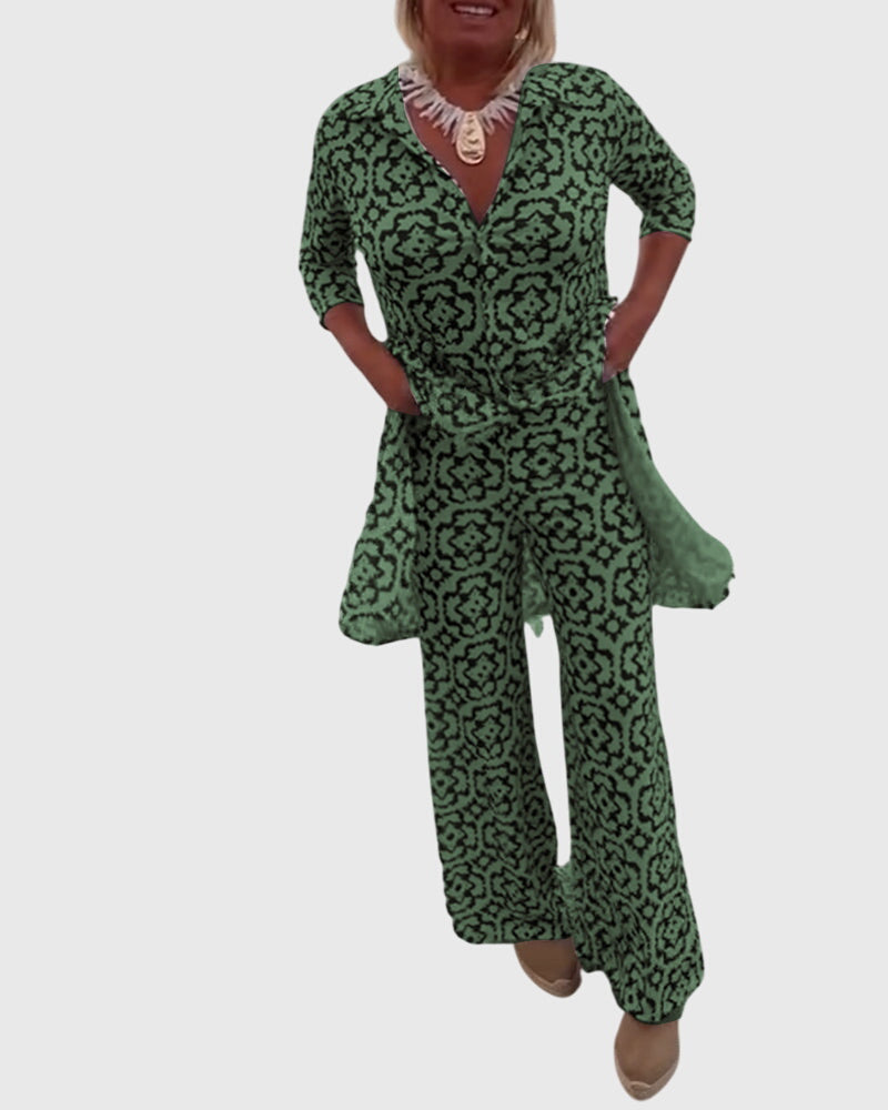 Women's Elegant Vintage Two-Piece Set in Green