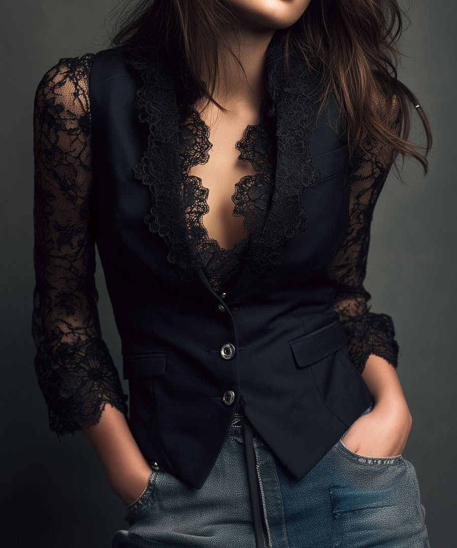 Noémie | Black Blazer Top with Semi-Transparent Sleeves