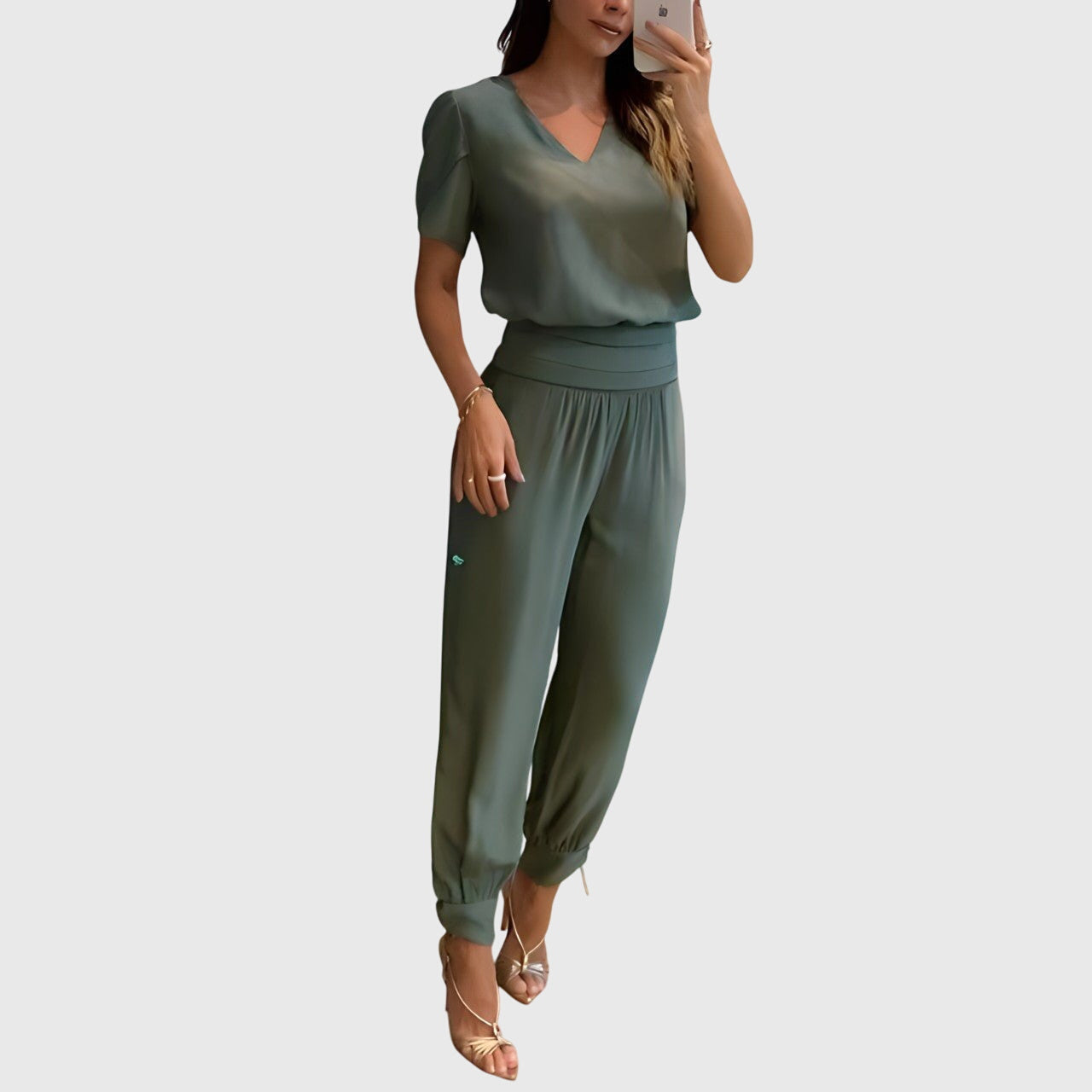 Women's Stylish Blouse and Pants Set in Olive