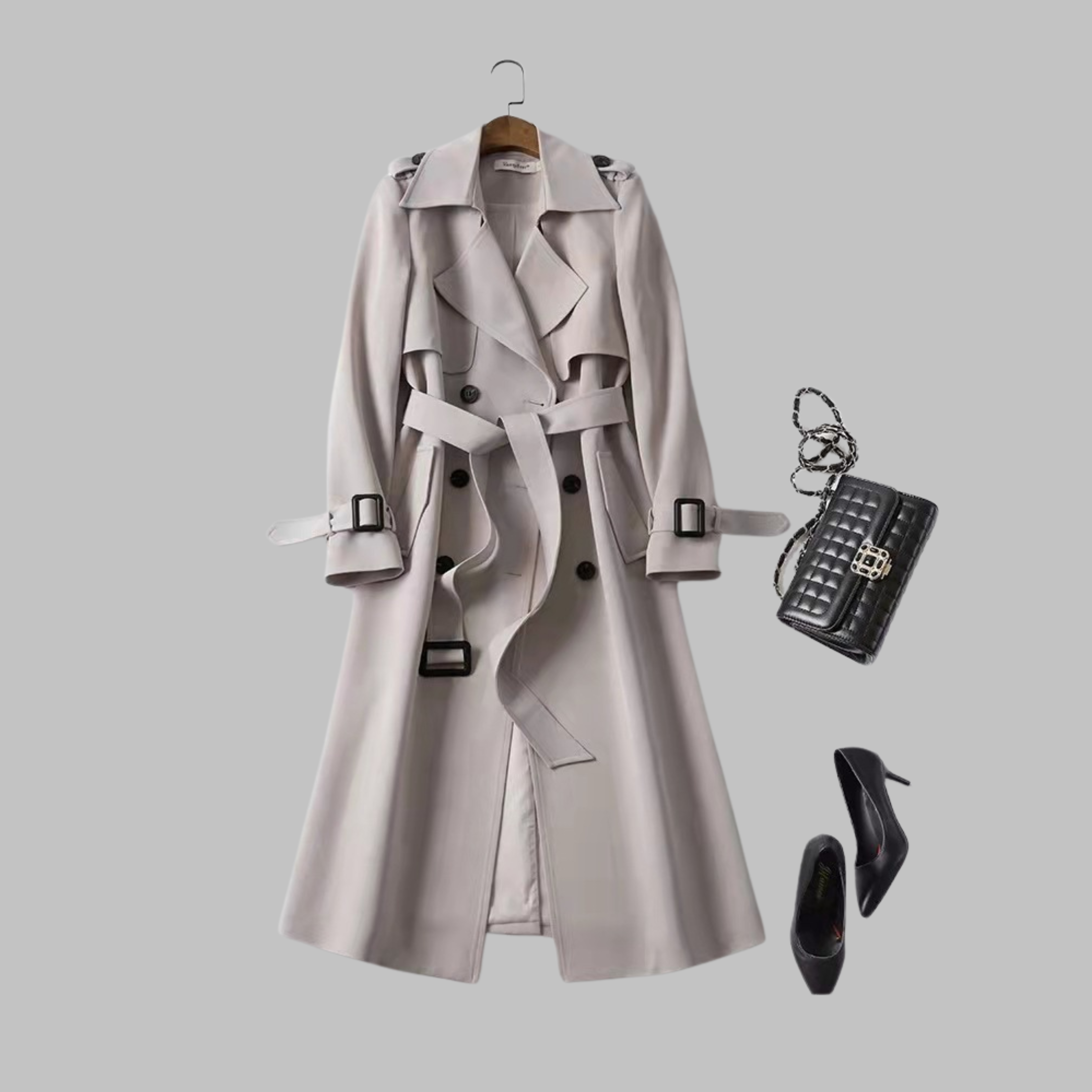 Women's Elegant Knee-Length Loose Fit Coat in Khaki