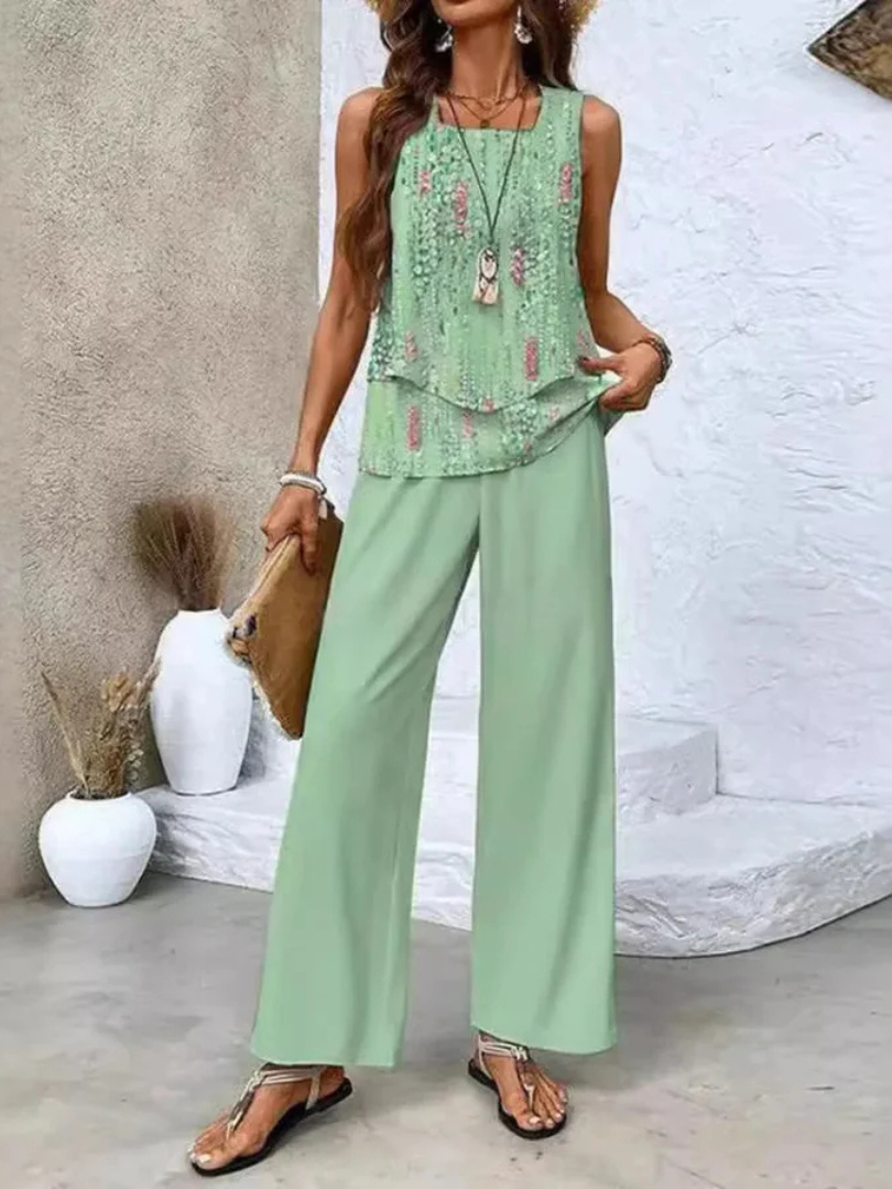 Women's Sleeveless Top And Wide-Leg Pants Set in Sage Green