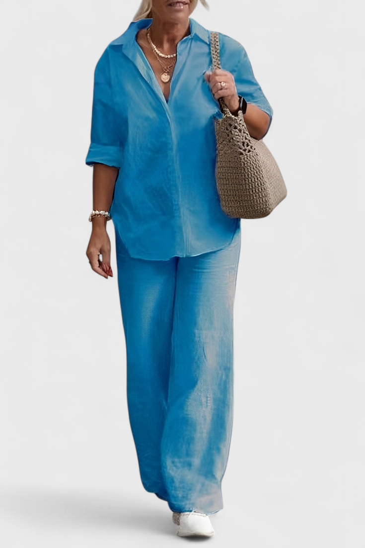 Relaxed Fit Two-Piece Linen-Cotton Ensemble in Blue