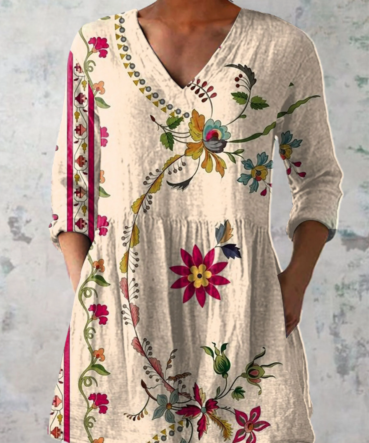 Clara Long Blouse with V-Neck in Beige