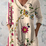 Clara Long Blouse with V-Neck in Beige