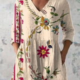 Clara Long Blouse with V-Neck in Beige