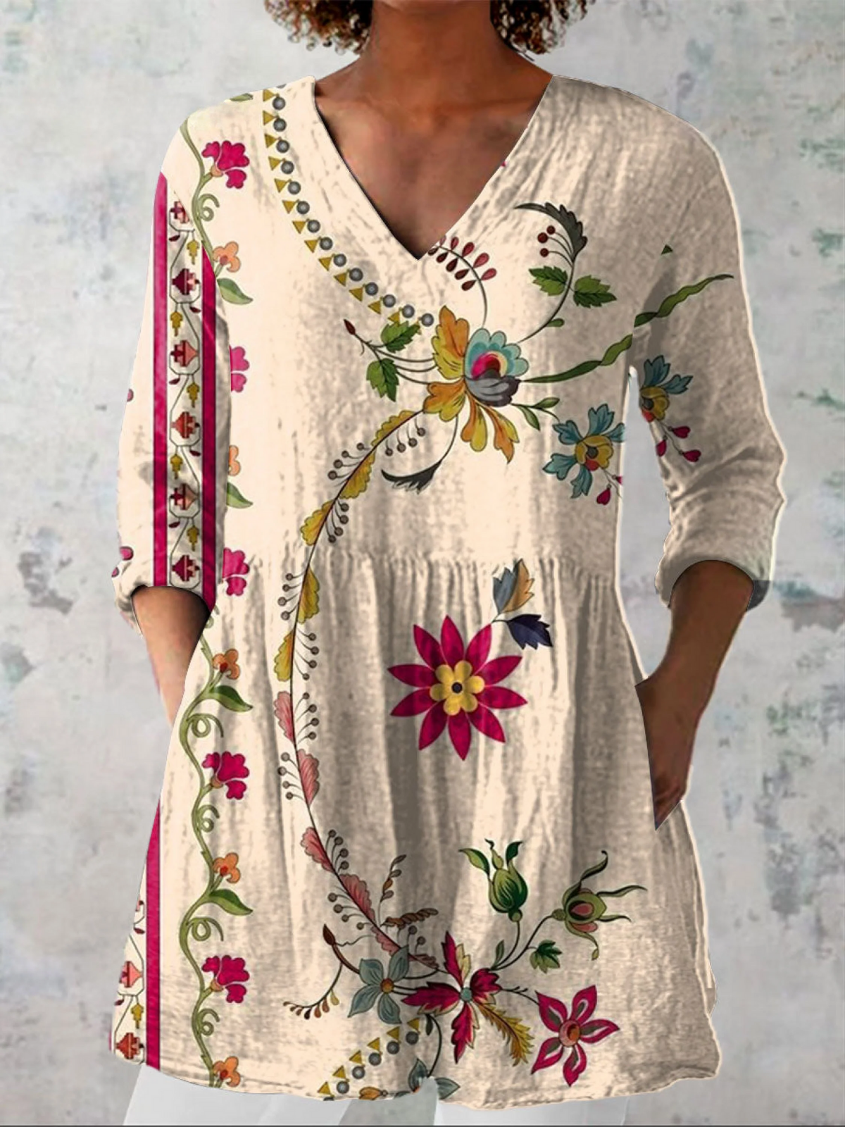 Clara Long Blouse with V-Neck in Beige