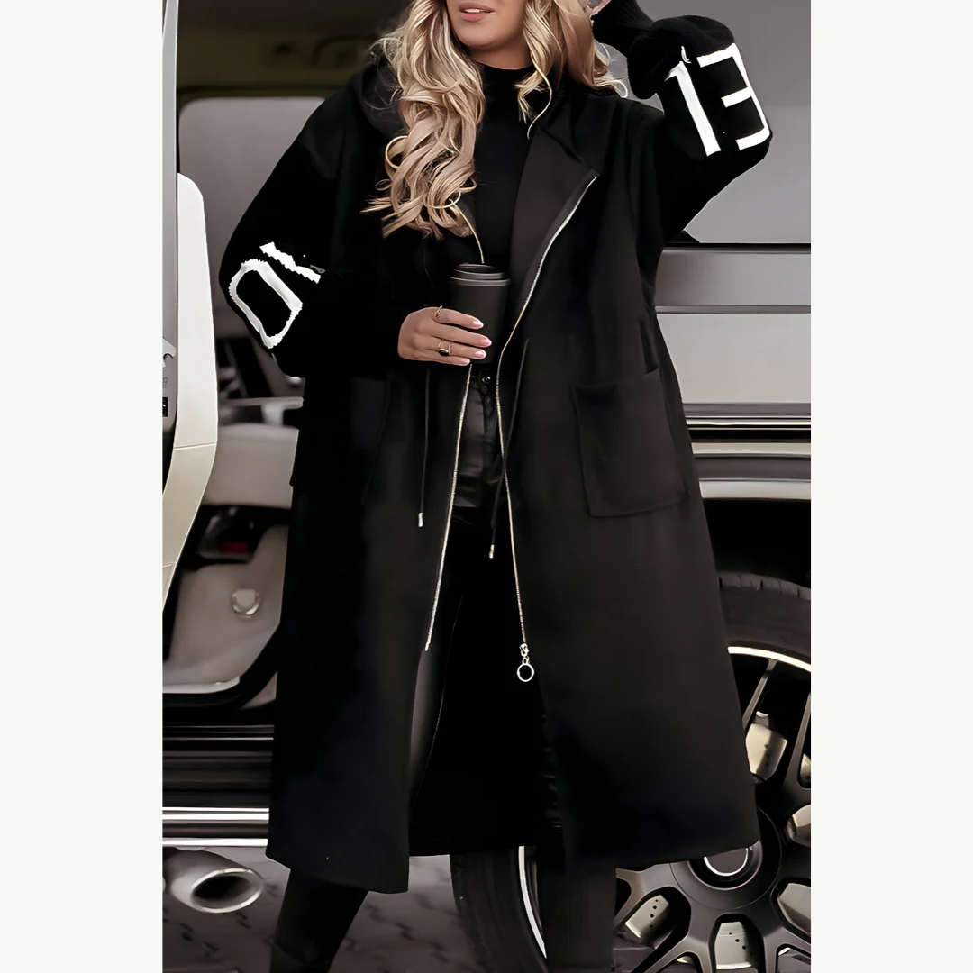 Women's Long Hooded Jacket with Knit Sleeves in Black