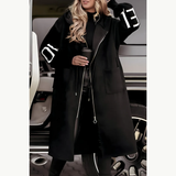 Women's Long Hooded Jacket with Knit Sleeves in Black