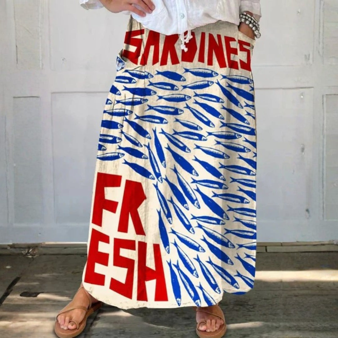Women's Sardines Art Print Linen Pocket Skirt