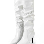 Pleated Faux Leather Pointed Toe Boots in White