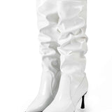 Pleated Faux Leather Pointed Toe Boots in White