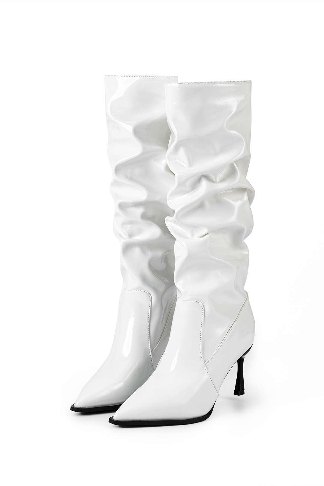 Pleated Faux Leather Pointed Toe Boots in White