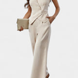 Asymmetrical Peplum Vest and High-Waisted Pants Set in Beige