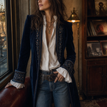 Vintage Navy Polyester Velvet Embroidered Long Jacket