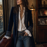 Vintage Navy Polyester Velvet Embroidered Long Jacket