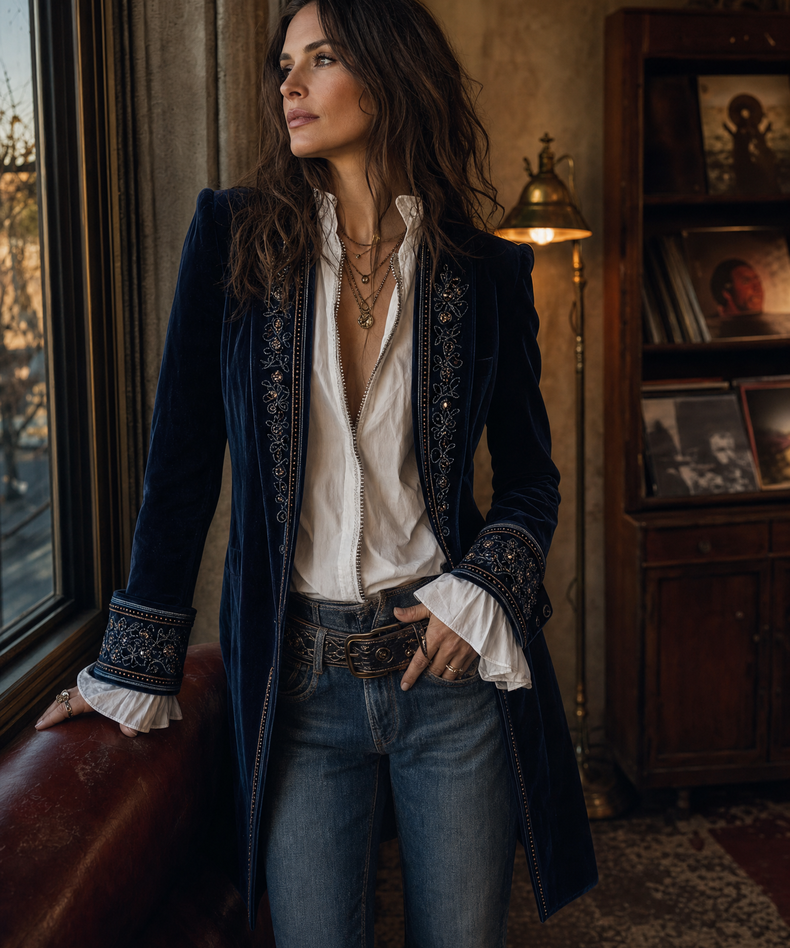 Vintage Navy Polyester Velvet Embroidered Long Jacket