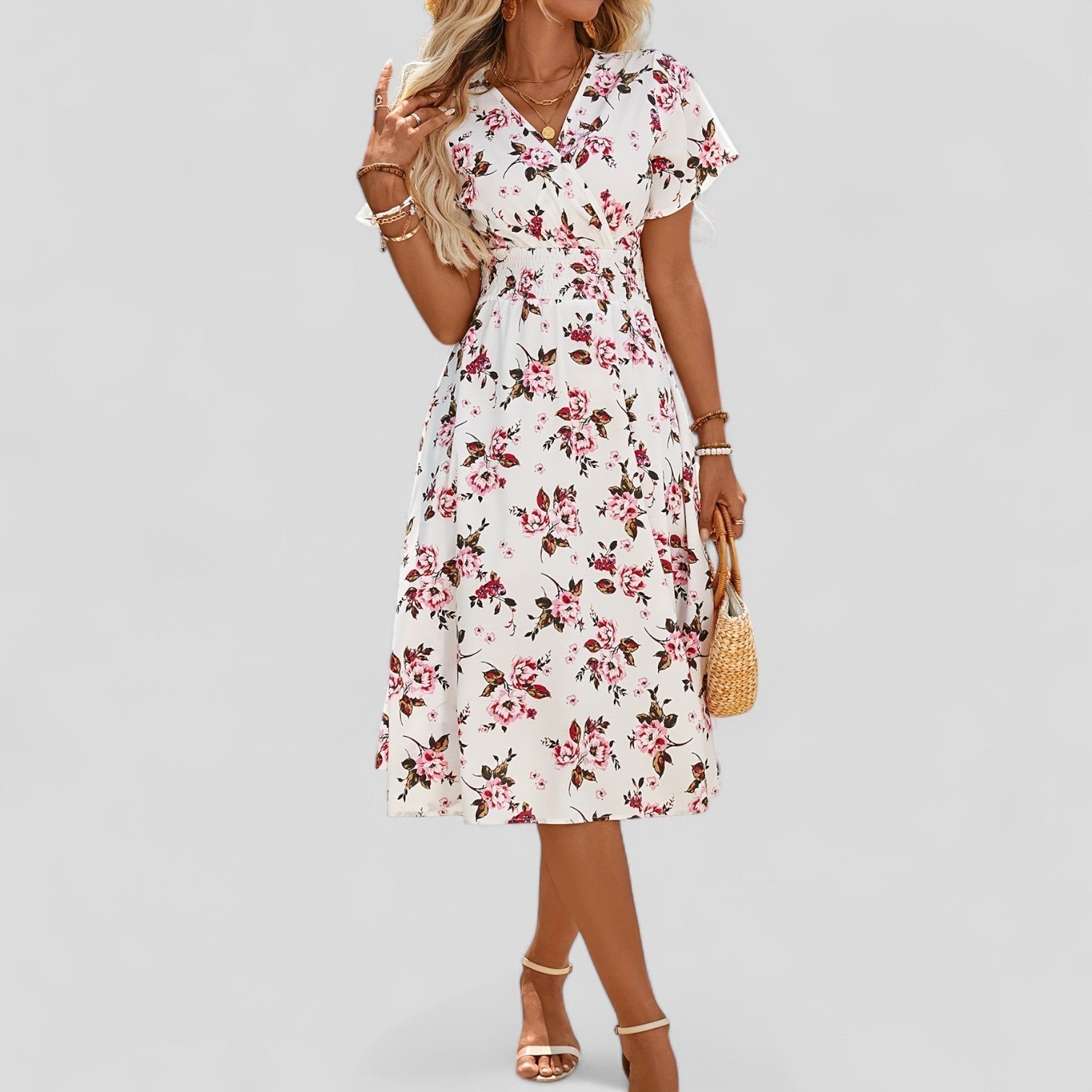 Gretalise Comfortable Summer Midi Dress in Floral Pink