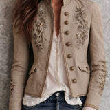 Retro Beige Stand Collar Floral Embroidery Braided Trim Jacket