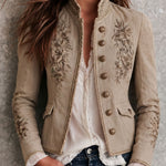 Retro Beige Stand Collar Floral Embroidery Braided Trim Jacket