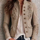 Retro Beige Stand Collar Floral Embroidery Braided Trim Jacket