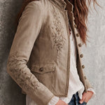 Retro Beige Stand Collar Floral Embroidery Braided Trim Jacket