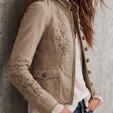 Retro Beige Stand Collar Floral Embroidery Braided Trim Jacket