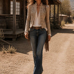 Retro Beige Stand Collar Floral Embroidery Braided Trim Jacket
