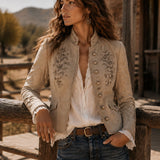 Retro Beige Stand Collar Floral Embroidery Braided Trim Jacket