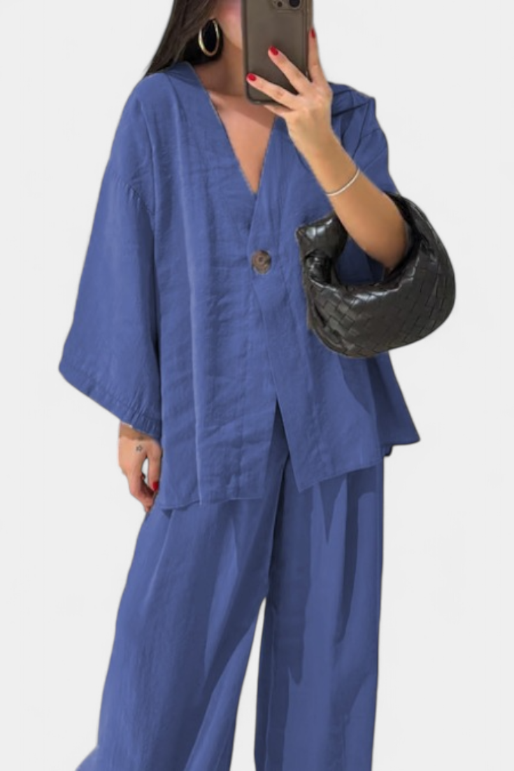 V-Neck Top with Straight-Leg Pants Set in Blue