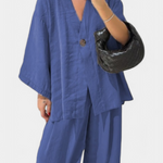 V-Neck Top with Straight-Leg Pants Set in Blue